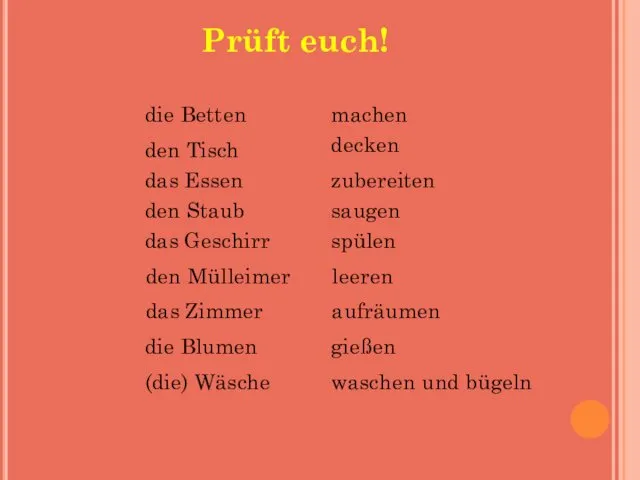 Prüft euch! die Betten machen den Tisch decken das Essen zubereiten den Staub