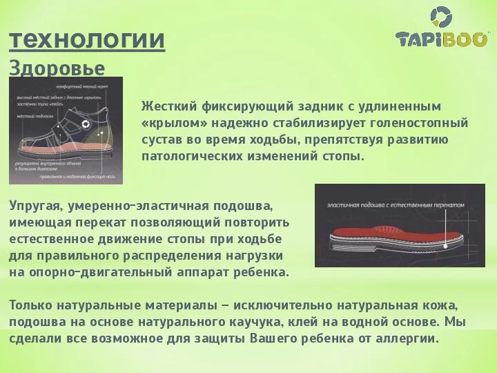 технологии Здоровье Жесткий фиксирующий задник с удлиненным «крылом» надежно стабилизирует