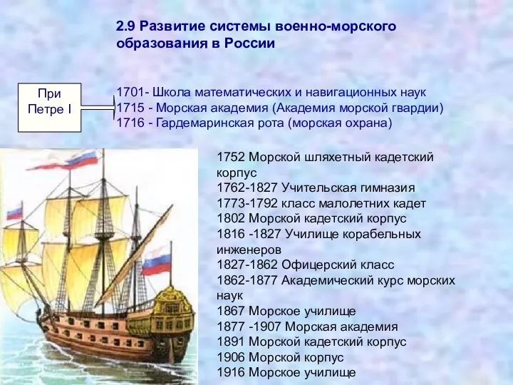 1701- Школа математических и навигационных наук 1715 - Морская академия