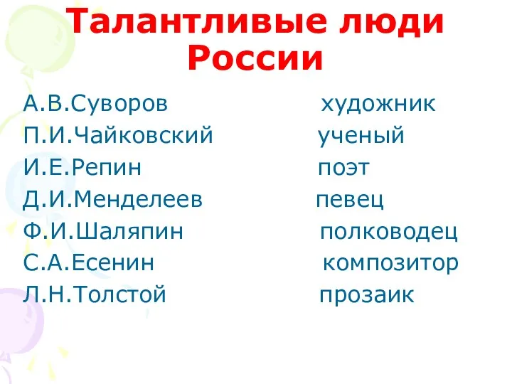 Талантливые люди России А.В.Суворов художник П.И.Чайковский ученый И.Е.Репин поэт Д.И.Менделеев