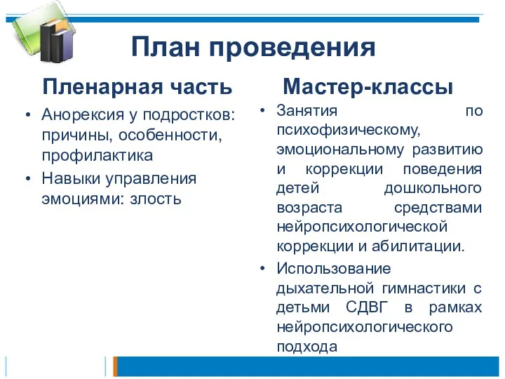 План проведения Пленарная часть Анорексия у подростков: причины, особенности, профилактика