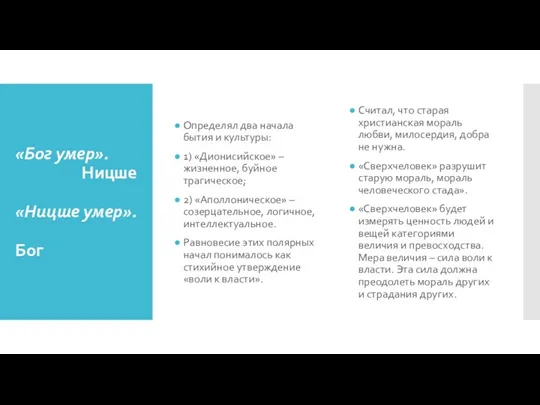 «Бог умер». Ницше «Ницше умер». Бог Определял два начала бытия