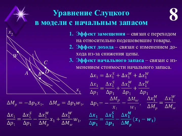 Уравнение Слуцкого в модели с начальным запасом 8 Эффект замещения – связан с