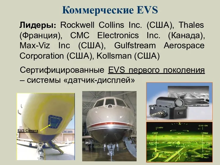 Коммерческие EVS Лидеры: Rockwell Collins Inc. (США), Thales (Франция), CMC Electronics Inc. (Канада),