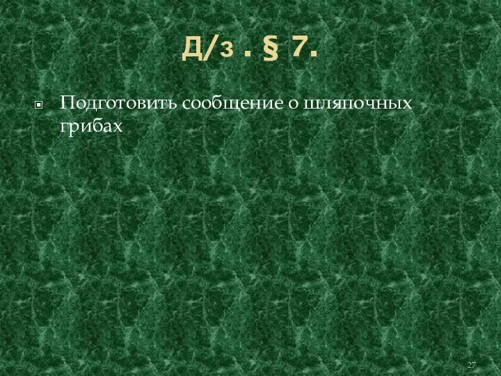 Д/з . § 7. Подготовить сообщение о шляпочных грибах