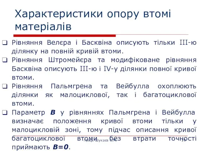 Характеристики опору втомі матеріалів проф. Шукаєв С.М. Рівняння Велєра і