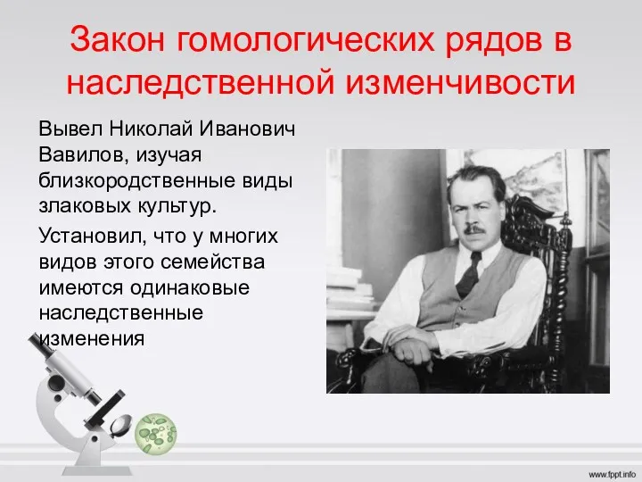 Закон гомологических рядов в наследственной изменчивости Вывел Николай Иванович Вавилов,