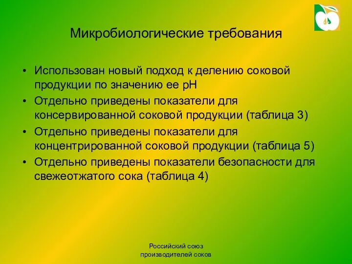 Российский союз производителей соков Микробиологические требования Использован новый подход к