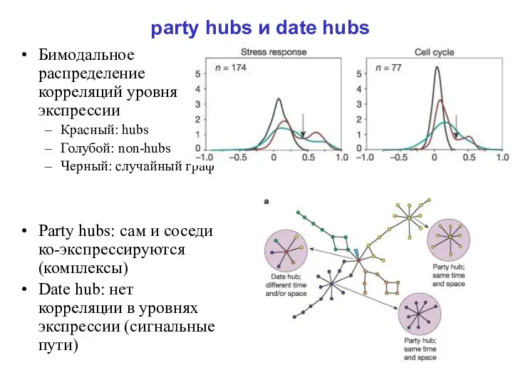 party hubs и date hubs Бимодальное распределение корреляций уровня экспрессии