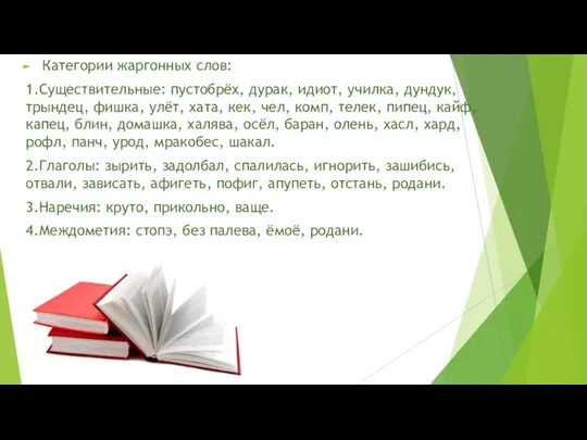 Категории жаргонных слов: 1.Существительные: пустобрёх, дурак, идиот, училка, дундук, трындец,