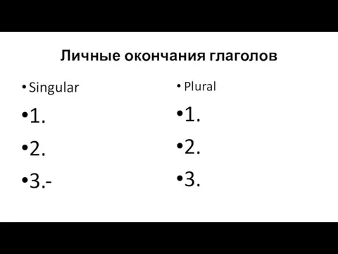 Личные окончания глаголов Singular 1. 2. 3.- Plural 1. 2. 3.