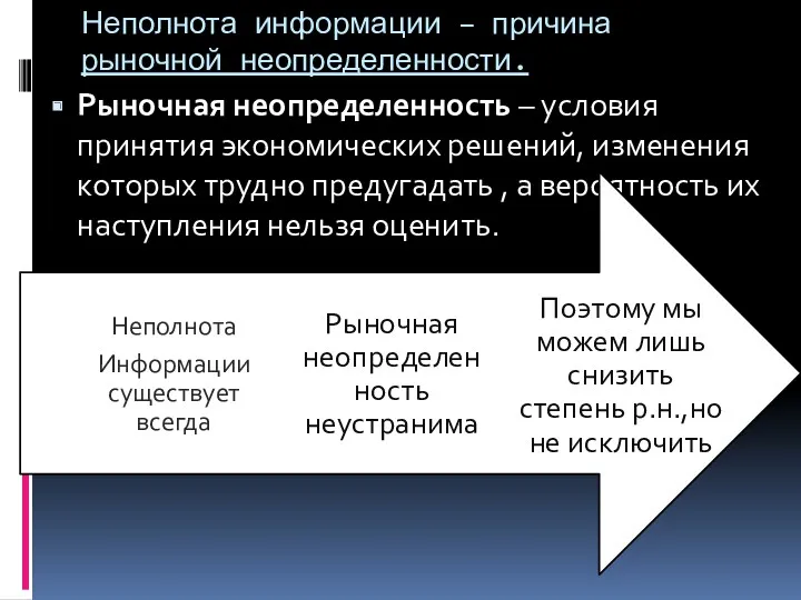 Неполнота информации – причина рыночной неопределенности. Рыночная неопределенность – условия