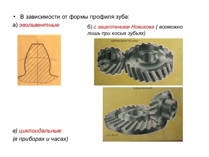В зависимости от формы профиля зуба: а) эвольвентные в) циклоидальные