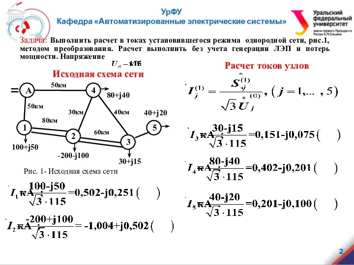 Задача: Выполнить расчет в токах установившегося режима однородной сети, рис.1,