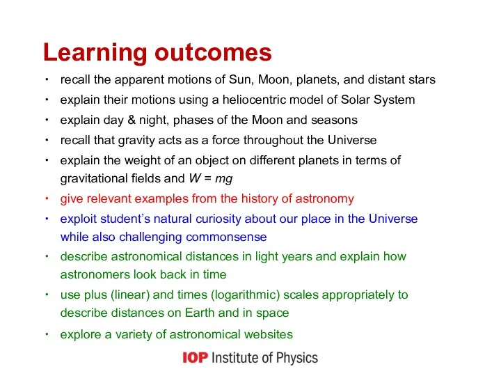 Learning outcomes recall the apparent motions of Sun, Moon, planets,