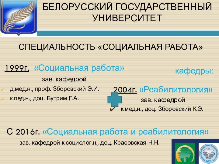 БЕЛОРУССКИЙ ГОСУДАРСТВЕННЫЙ УНИВЕРСИТЕТ 1999г. «Социальная работа» зав. кафедрой д.мед.н., проф.