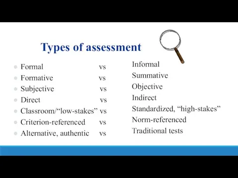 Types of assessment Formal vs Formative vs Subjective vs Direct