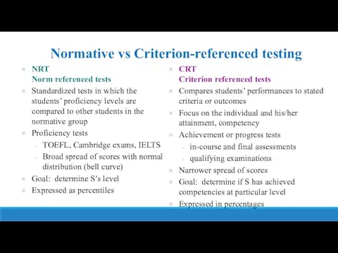 Normative vs Criterion-referenced testing NRT Norm referenced tests Standardized tests