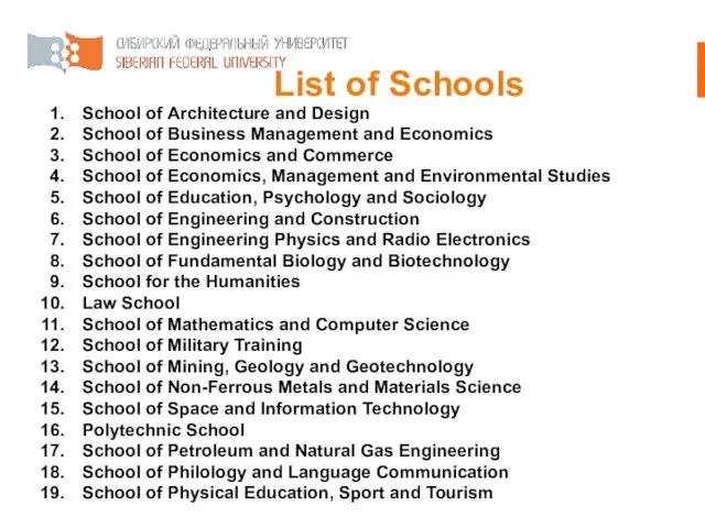 List of Schools School of Architecture and Design School of Business Management and