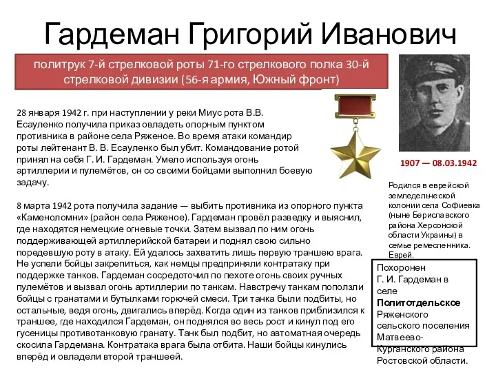 Гардеман Григорий Иванович политрук 7-й стрелковой роты 71-го стрелкового полка