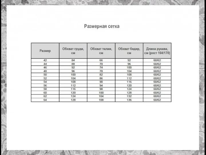 Размерная сетка Размерная сетка