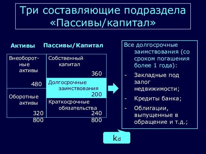 Три составляющие подраздела «Пассивы/капитал» Все долгосрочные заимствования (со сроком погашения