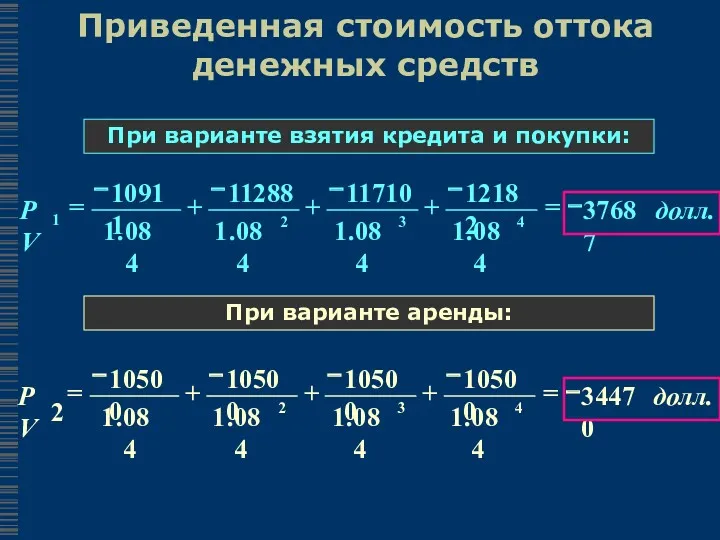 Приведенная стоимость оттока денежных средств При варианте взятия кредита и покупки: При варианте аренды: