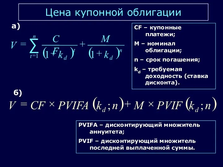 Цена купонной облигации CF – купонные платежи; M – номинал