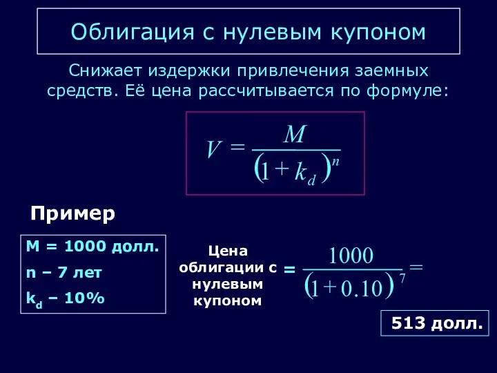 Облигация с нулевым купоном Пример М = 1000 долл. n – 7 лет kd – 10%