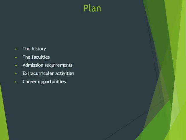 Plan The history The faculties Admission requirements Extracurricular activities Career opportunities
