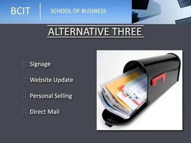 Alternative 3 Signage Website Update Personal Selling Direct Mail