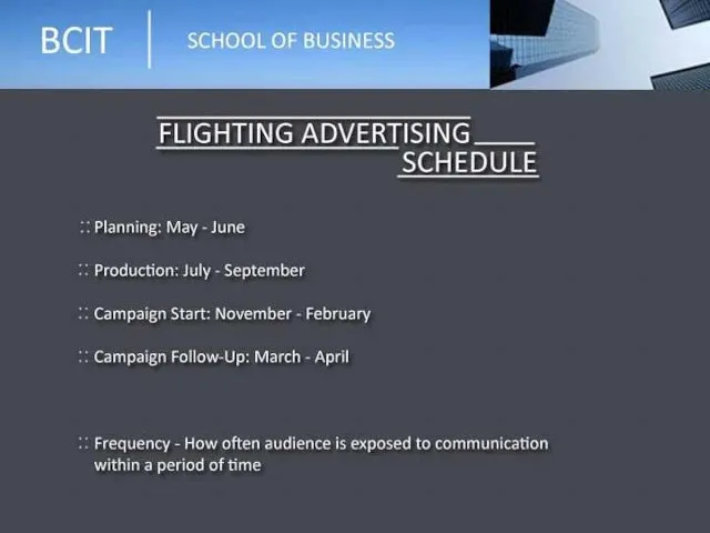 Flighting Advertising Schedule Planning: May - June Production: July -