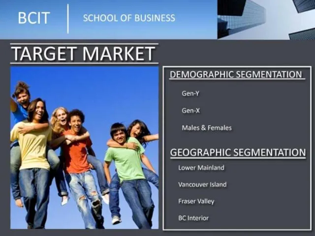 Target Market DEMOGRAPHIC SEGMENTATION Gen-Y Gen-X Males and Females GEOGRAPHIC