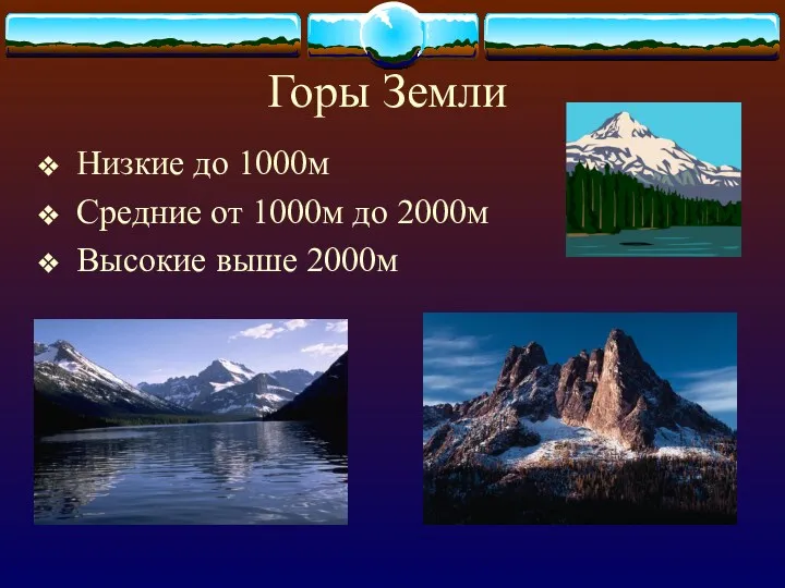 Горы Земли Низкие до 1000м Средние от 1000м до 2000м Высокие выше 2000м