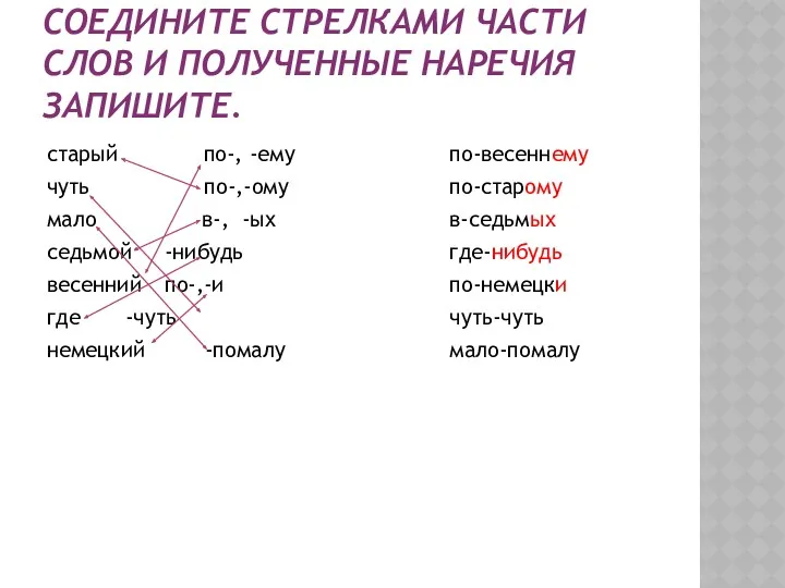 СОЕДИНИТЕ СТРЕЛКАМИ ЧАСТИ СЛОВ И ПОЛУЧЕННЫЕ НАРЕЧИЯ ЗАПИШИТЕ. старый по-,