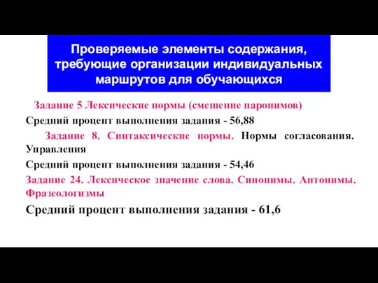 Проверяемые элементы содержания, требующие организации индивидуальных маршрутов для обучающихся Задание