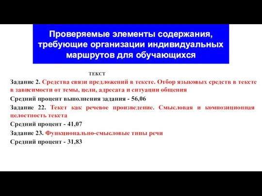 Проверяемые элементы содержания, требующие организации индивидуальных маршрутов для обучающихся ТЕКСТ