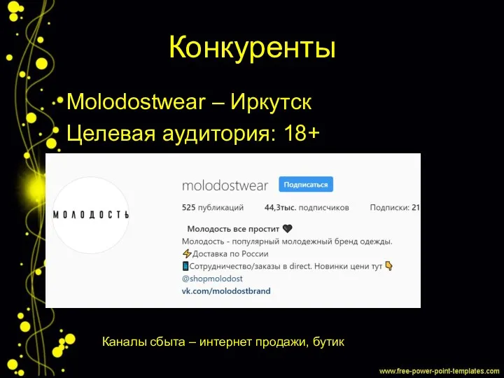 Конкуренты Molodostwear – Иркутск Целевая аудитория: 18+ Каналы сбыта – интернет продажи, бутик
