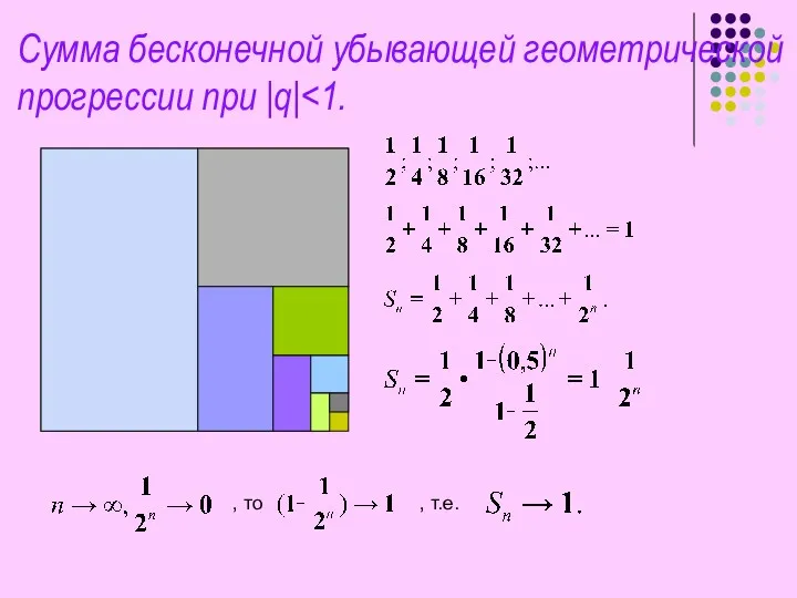 Сумма бесконечной убывающей геометрической прогрессии при |q| , то , т.е.