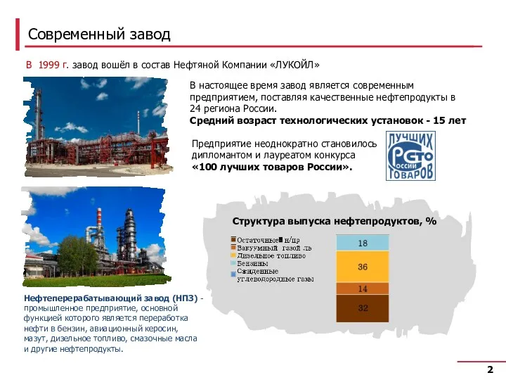 Современный завод В 1999 г. завод вошёл в состав Нефтяной