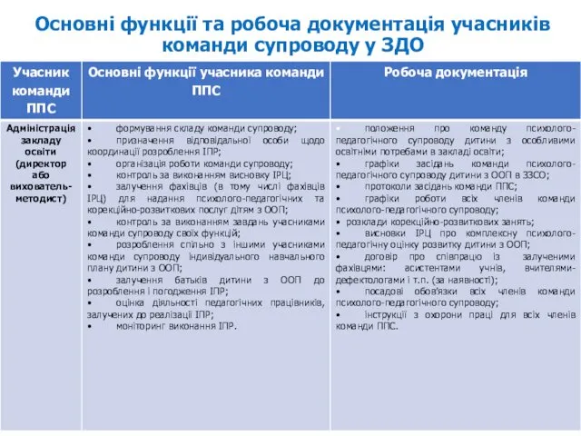 Основні функції та робоча документація учасників команди супроводу у ЗДО