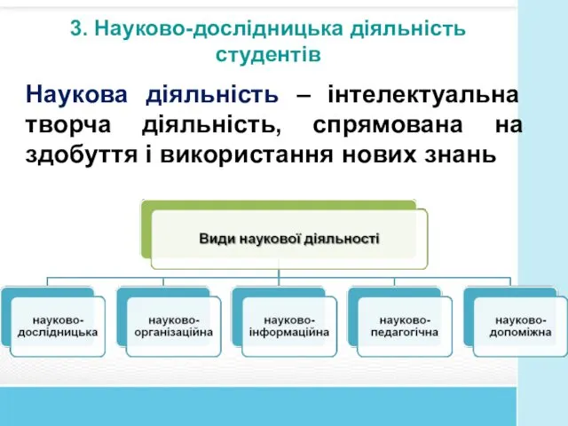 Наукова діяльність – інтелектуальна творча діяльність, спрямована на здобуття і