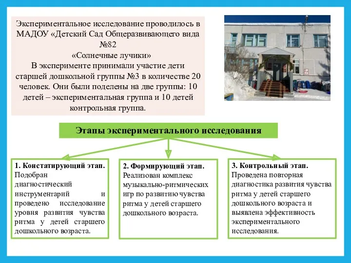 Экспериментальное исследование проводилось в МАДОУ «Детский Сад Общеразвивающего вида №82