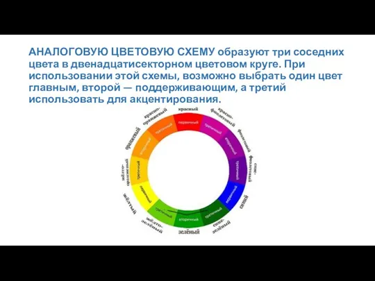 АНАЛОГОВУЮ ЦВЕТОВУЮ СХЕМУ образуют три соседних цвета в двенадцатисекторном цветовом