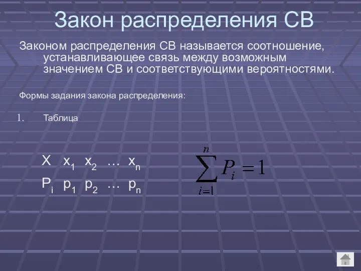 Законом распределения СВ называется соотношение, устанавливающее связь между возможным значением