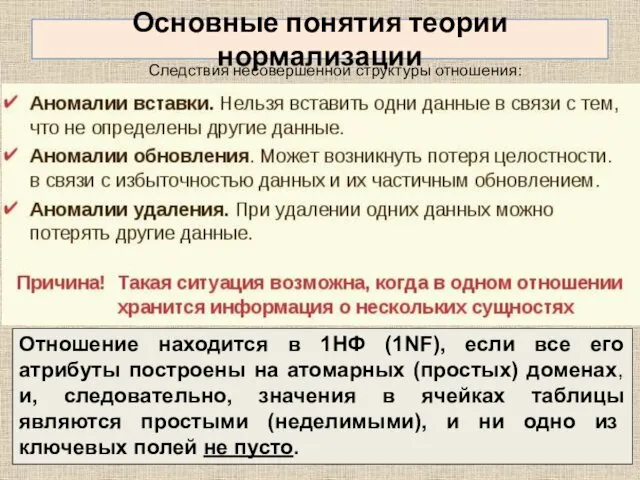 Основные понятия теории нормализации Следствия несовершенной структуры отношения: Отношение находится