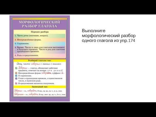 Выполните морфологический разбор одного глагола из упр.174