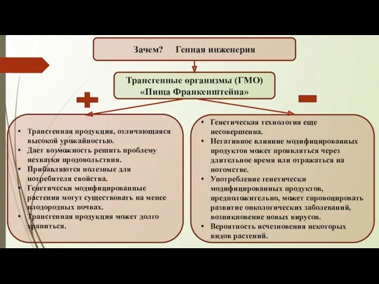 Зачем? Генная инженерия Трансгенные организмы (ГМО) «Пища Франкенштейна» Трансгенная продукция,