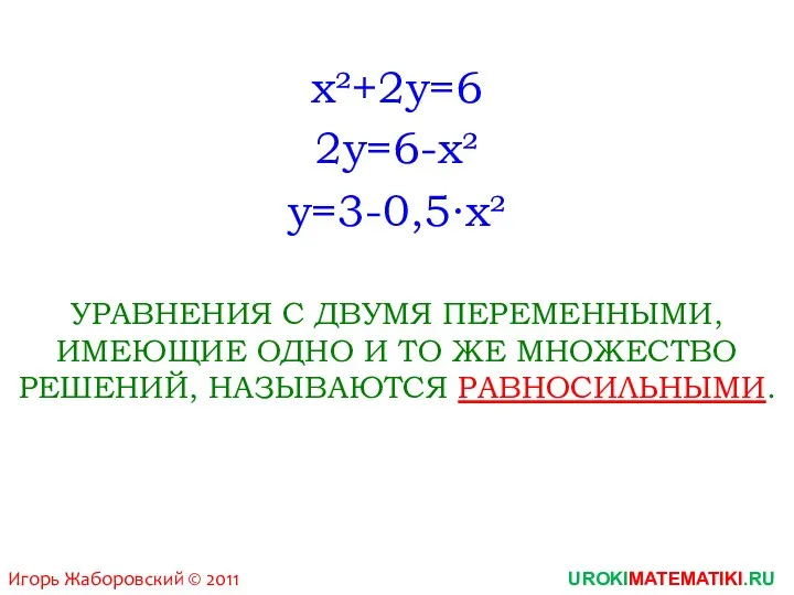 UROKIMATEMATIKI.RU Игорь Жаборовский © 2011 x²+2y=6 2y=6-x² y=3-0,5∙x² УРАВНЕНИЯ С