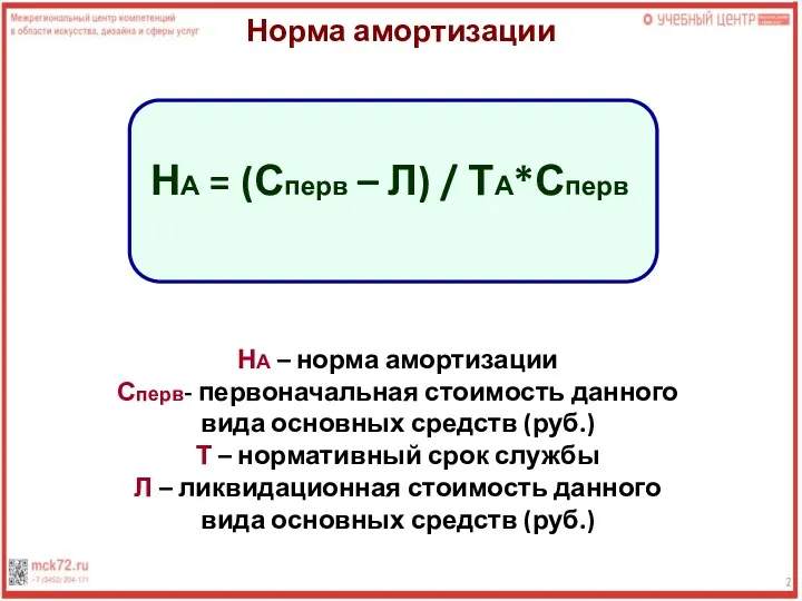 Норма амортизации НА – норма амортизации Сперв- первоначальная стоимость данного